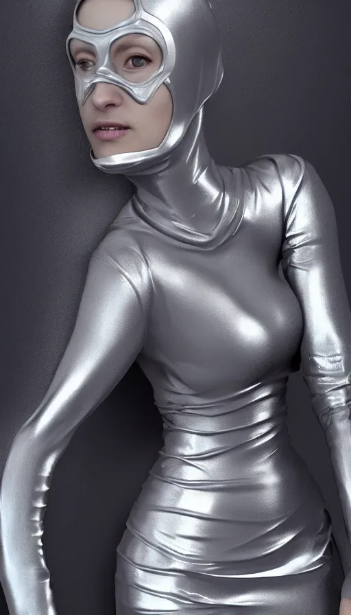 Image similar to a woman wearing a silver dress and a silver mask, cyberpunk art by zhou fang, cgsociety, computer art, daz 3 d, zbrush, rendered in maya