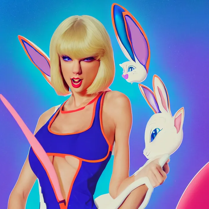 Image similar to portrait of Taylor Swift as Lola Bunny in Space Jam 1996. bunny ears. intricate abstract. intricate artwork. by Tooth Wu, wlop, beeple, dan mumford. octane render, trending on artstation, greg rutkowski very coherent symmetrical artwork. cinematic, hyper realism, high detail, octane render, 8k