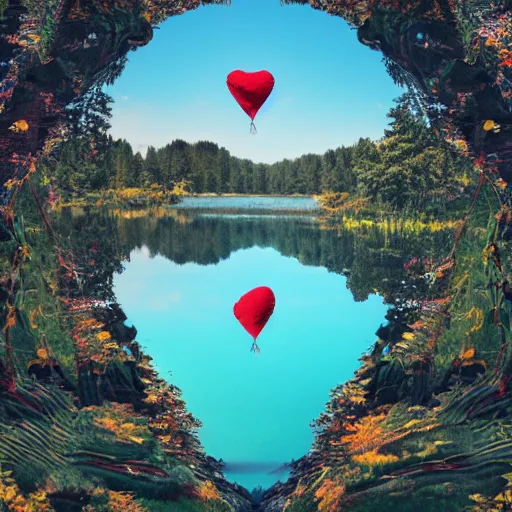 Image similar to photo of two black swans swimming in a beautiful reflective mountain lake, touching heads, forming a heart with their necks, a colorful hot air balloon is flying above the swans, hot air balloon, intricate, portrait, 8k highly professionally detailed, HDR, CGsociety, octane render, 4k