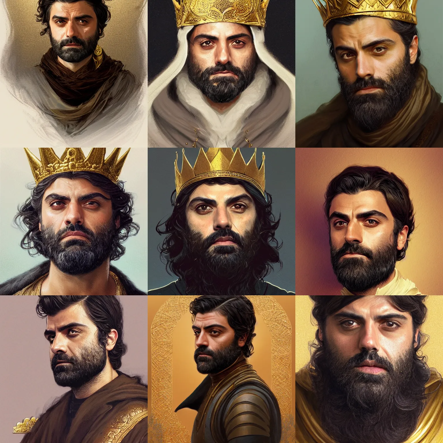 Prompt: portrait of bearded oscar isaac wearing a gold crown, elegant, intricate, headshot, D&D, fantasy, highly detailed, digital painting, artstation, concept art, sharp focus, illustration, art by artgerm and greg rutkowski and alphonse mucha