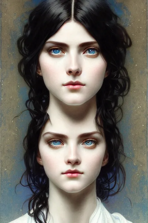 Image similar to ultra realistic, Beautiful black haired woman, Porcelain white complexion, big blue eyes, cute small lips., wearing jeans and white blouse, whip in hand, intricate details, eerie, highly detailed, octane render, 8k, art by artgerm and alphonse mucha and greg rutkowski