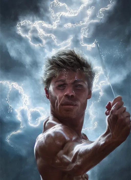 Image similar to muscular magician with a huge sparkeling magic wand spreading lightnig strokes from his hand, in clouds, by boris valejo, extreme detail, reflections, trending on artstation, 8 k