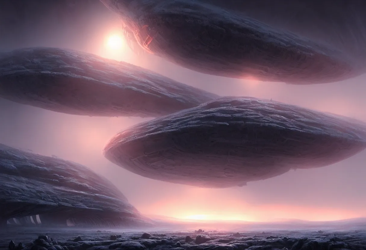 Image similar to ground level view of the surface of frozen winter alien planet at sunset, ultra high definition, ultra detailed, symmetry, fog, matte painting, by greg rutkowski and ross tran and wlop