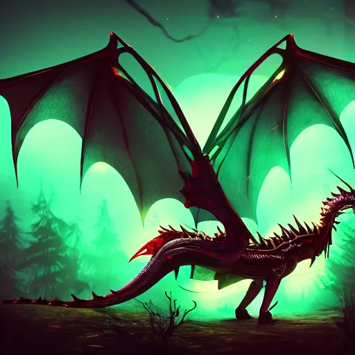 Image similar to brightly lit dragon with neon wings in a dim dark forest colorful 4 k path traced high definition detailed artstation realistic trending dramatic lighting dark and light contrast