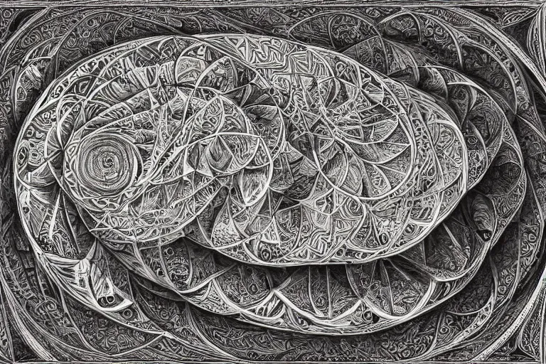 Image similar to an ornate illustration in the styles of mandalas and fractals, the styles of escher and penrose, depicting a weasel staring deep into the heart of the impossible all - and - nothing of the emerging singularity ; / what has god wrought? / he seems to be whispering.