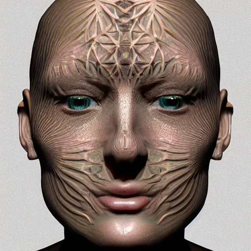 Prompt: beautiful face made with abstract fractal patterns, structural skin, clay render, rendered in octane, venation, voronoi patterns