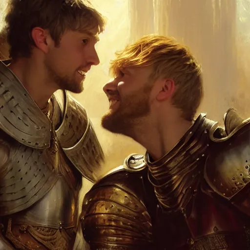 Image similar to attractive arthur pendragon and his favourite attractive male knight, they are in love, camelot, natural lighting, path traced, highly detailed, high quality, digital painting, by gaston bussiere, craig mullins, j. c. leyendecker