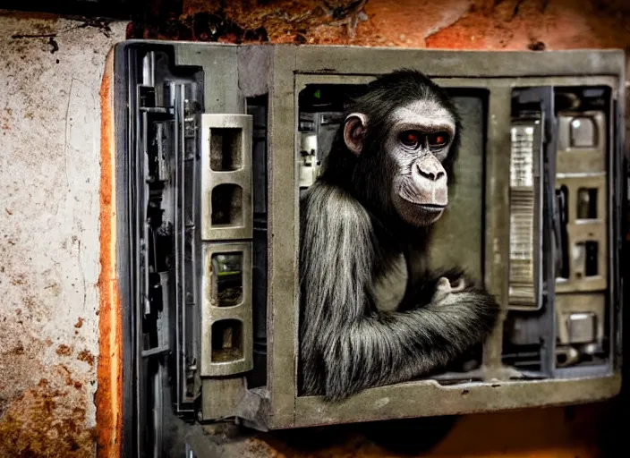 Prompt: scary ape inside fuse box in post communist apartment building