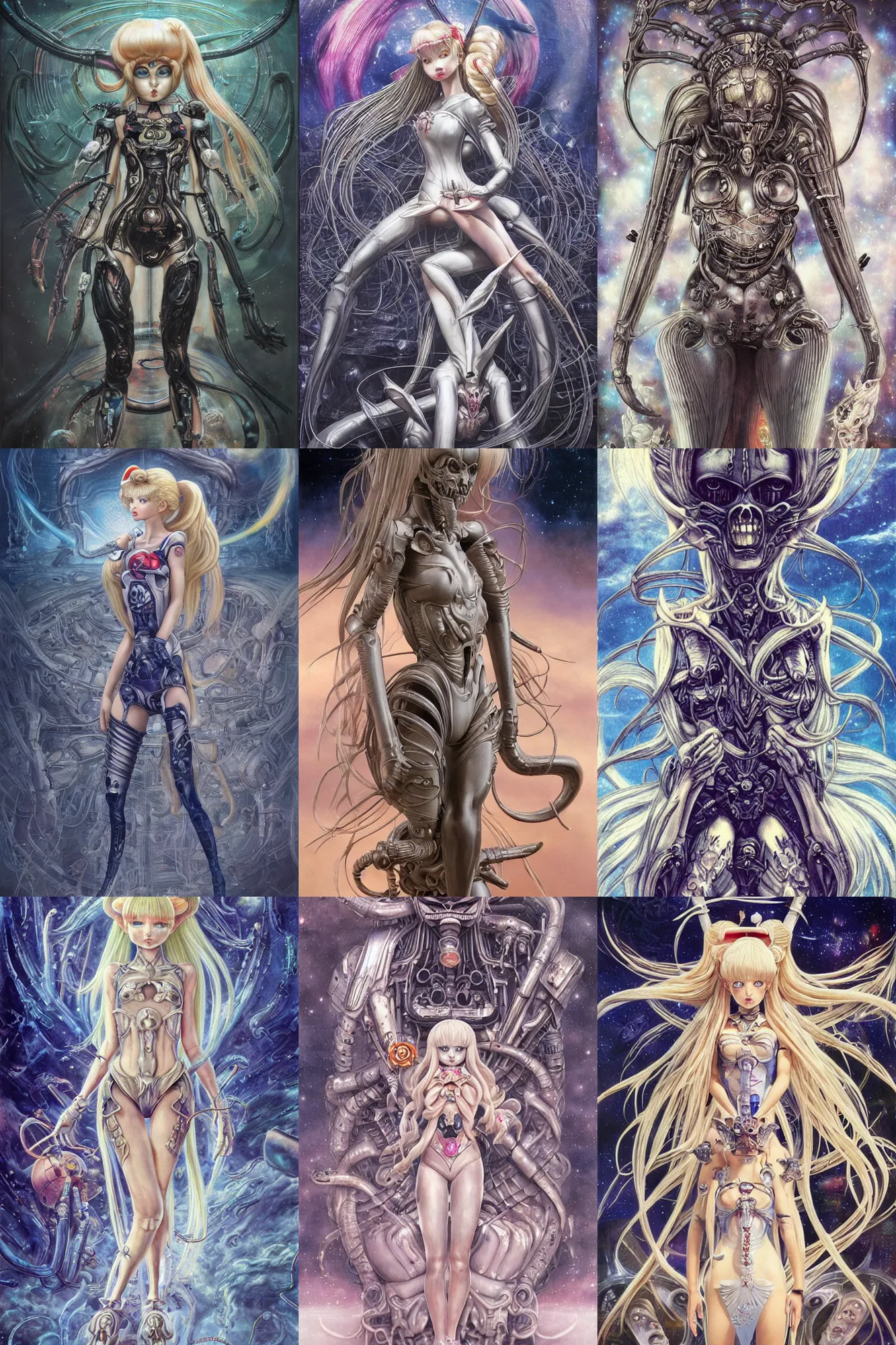 Prompt: h. r. giger inspired sailormoon!!!!!!!!, long blond pigtail pipes, hyper realistic, fantasy art, in the style of naoko takeuchi, chris foss and alan lee, intricate, hyper detailed, smooth, high resolution print ruan jia
