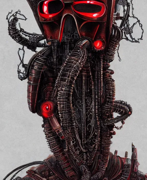 Image similar to a red steampunk darth vader with mechanical tendrils resembling spinal columns extending from his body, by HR Giger and Beksiński and Stephan Martiniere , 4k resolution, detailed, trending on artstation