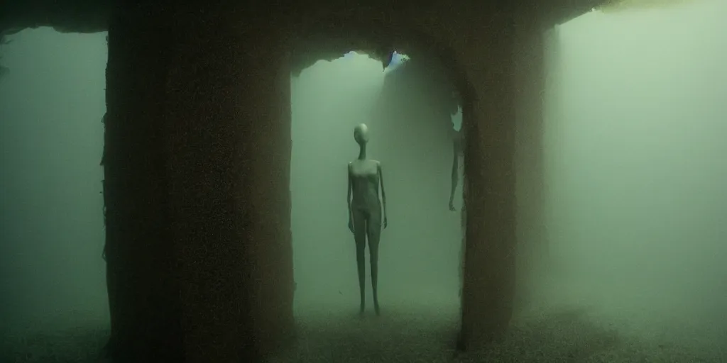 Image similar to underwater abyss, rectangle,'silent hill'mannequin, deep, monster, cinematic still, realistic, dramatic, horror, clean