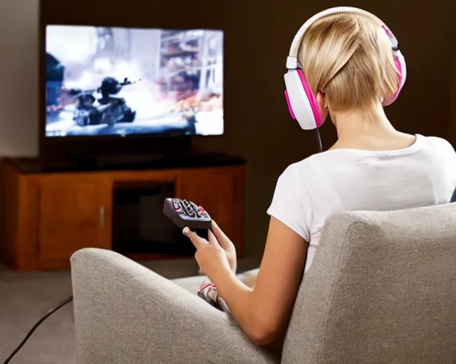 Prompt: view from behind of a cute beautiful blonde woman wearing headset playing game, watching television displaying call of duty, intricate detail, cinematic composition