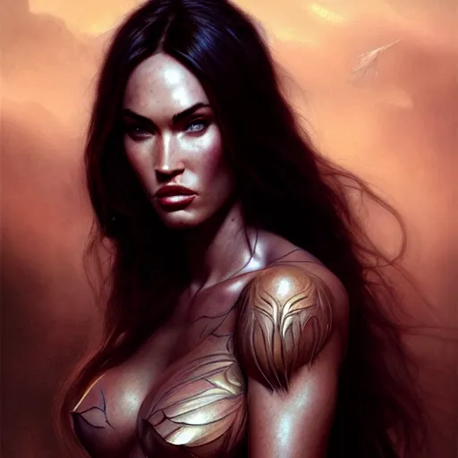 Image similar to portrait of megan fox, muscular upper body, fantasy, intricate, elegant, highly detailed, digital painting, artstation, concept art, matte, sharp focus, illustration, art by aenaluck and roberto ferri and greg rutkowski, epic fantasy, digital painting