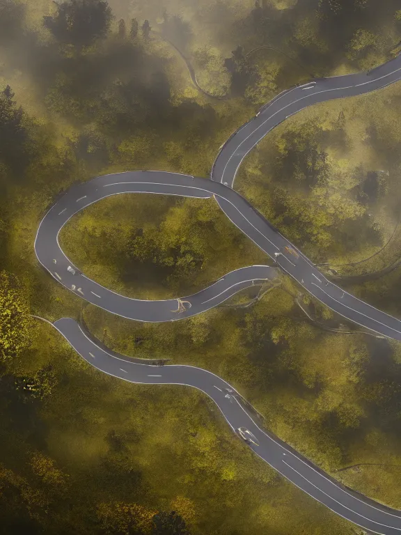 Image similar to photo of 8k ultra realistic beautiful winding road, small town, hills, pylons, heavy rain, full of colour, cinematic lighting, battered, trending on artstation, 4k, hyperrealistic, focused, extreme details,unreal engine 5, cinematic, masterpiece, art by studio ghibli