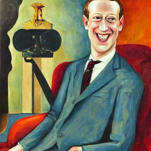Image similar to “a deliriously happy king mark zuckerberg, portrait oil painting by Otto Dix, oil on canvas (1921)”