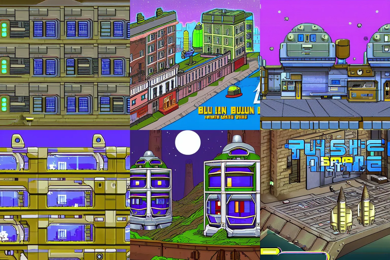 Prompt: a small town on an alien planet, the building are made from modular capsules, from a space themed point and click 2D graphic adventure game, made in 1999, high quality graphics