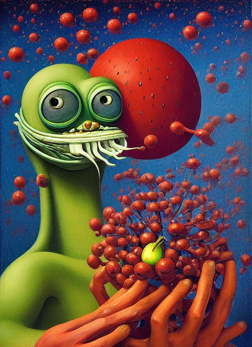 Prompt: hyper detailed Oil painting - Pepe Eats of the Strangling Fruit and His gossamer polyp blossoms bring iridescent fungal flowers whose spores black the foolish stars by Jacek Yerka, Mariusz Lewandowski, Abstract brush strokes, Masterpiece, Edward Hopper and James Gilleard, Zdzislaw Beksinski, Mark Ryden, Wolfgang Lettl, hints of Yayoi Kasuma