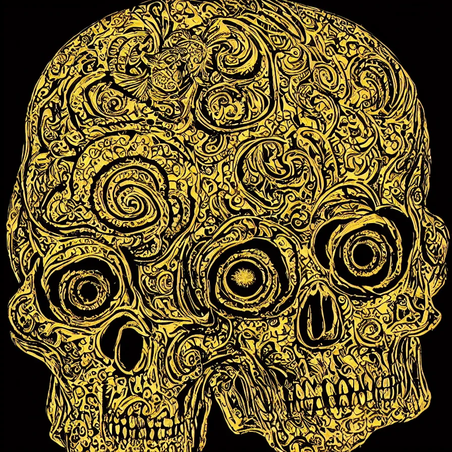 Prompt: shiny skull by bill elis, gold, baroque, mandala, halo, rococo