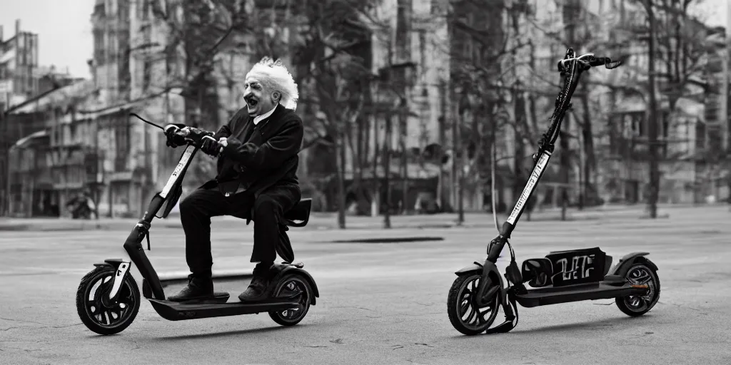 Image similar to Albert Einstein rides an electric scooter with his tongue out, moody, beautiful composition, hyper detailed, insane details 8K
