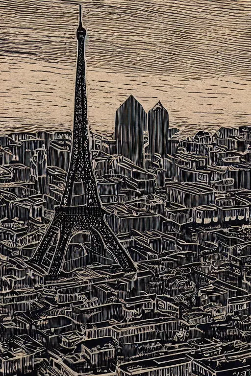 Image similar to a beautiful woodcut print of paris, 8 k, frostbite 3 engine, cryengine, dof, trending on artstation, digital art, crepuscular ray, art by fossi _ images and tugboat printshop