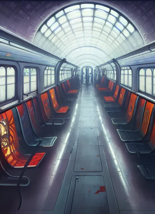 Image similar to perfectly - empty subway train interior, intricate, highly detailed, digital painting, artstation, concept art, smooth, sharp focus, illustration, unreal engine 5, 8 k, art by artgerm and greg rutkowski and alphonse mucha