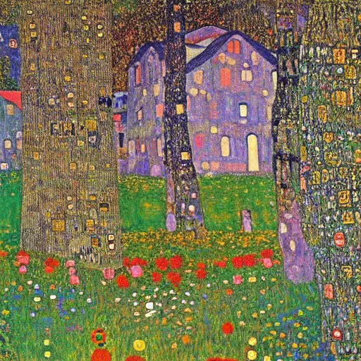 Image similar to an ancient village in a magical forest, painting by Gustav Klimt and Andy Warhol