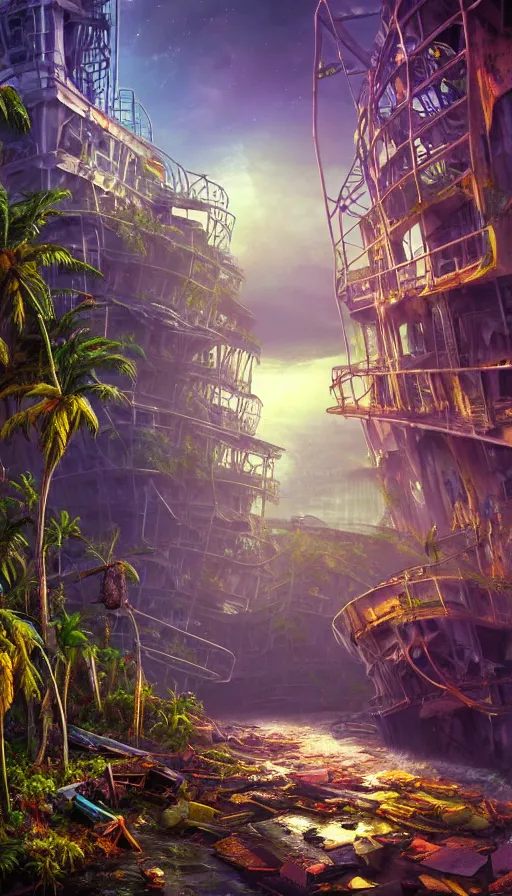 Image similar to a beautiful photorealistic painting of shipwreck nature urbex architecture city industrial architecture by frank gehry, sea reclaimed by nature rainforest flowers lightpaint tron nightvision synthwave morning sun sunlight nightsky uv light magic realism at night laser, archdaily, wallpaper, highly detailed, trending on artstation.