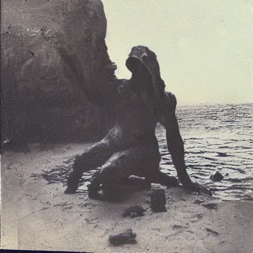 Prompt: Servant of Cthulhu on a sea shore, photography, polaroid