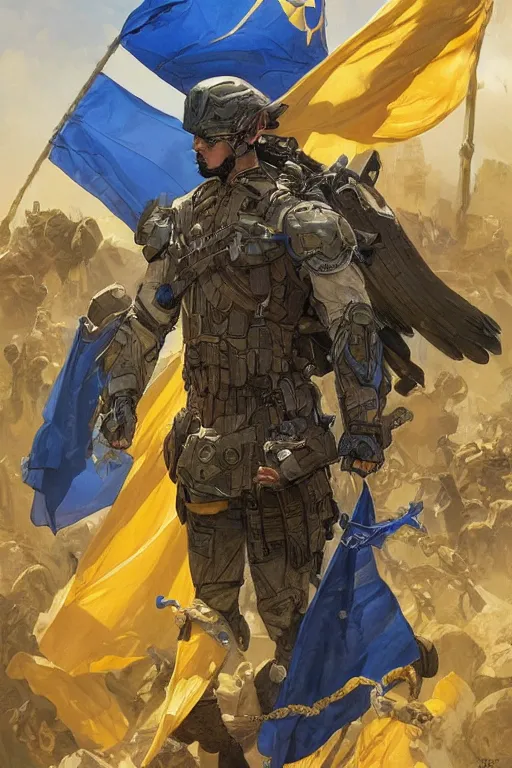 Image similar to shot of a super soldier with Ukrainian blue and yellow flag on his back, handsome, fantasy, intricate, pile of skulls under his feet, elegant, highly detailed, digital painting, artstation, concept art, smooth, sharp focus, illustration, art by artgerm and greg rutkowski and alphonse mucha