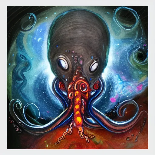 Prompt: Cthlulu!!!!!!!!!!!!!!! Squid-face lovecraftian eldritch profile pic, oil painting, tentacles, glow galaxy background,