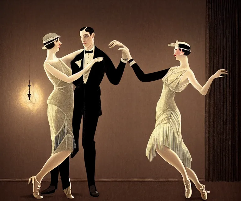 Prompt: a beautiful classy dancing couple, dimly lit upscale 1920s speakeasy, relaxed pose, art deco, detailed painterly digital art style by Alfred Charles Parker, retro vibe, 🍸, 8k octane beautifully detailed render, post-processing, extremely hyperdetailed, intricate, epic composition, grim yet sparkling atmosphere, cinematic lighting + masterpiece, trending on artstation, very detailed, vibrant colors, Art Nouveau, masterpiece