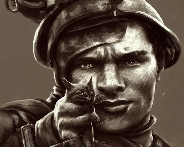 Prompt: A soldier holding a warrior cat in world war 1, close-up, realistic face, sharp facial features, mature facial features, black and white, amazing digital art, hyper detailed, artstation, in the style of Tony Sart