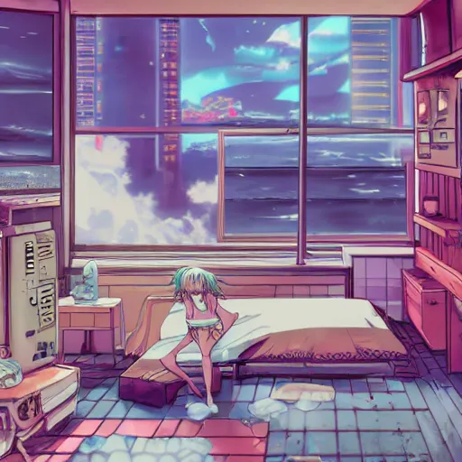 Image similar to anime background of the interior of an underwater microapartment, a loft bed, book case, computer desk, various coral seashells overtaking it, nostalgia, vaporwave, litter, steampunk, cyberpunk, water caustics, anime, vhs distortion, dynamic shot, cinematic, letterbox, and an overall mermaid aesthetic, art created by miyazaki