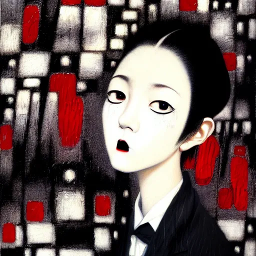 Image similar to yoshitaka amano blurred and dreamy minimalistic oil portrait of a young woman with black lipstick and black eyes wearing dress suit with tie, junji ito abstract patterns in the background, satoshi kon anime, noisy film grain effect, highly detailed, renaissance oil painting, wide brush strokes, weird portrait angle, blurred lost edges