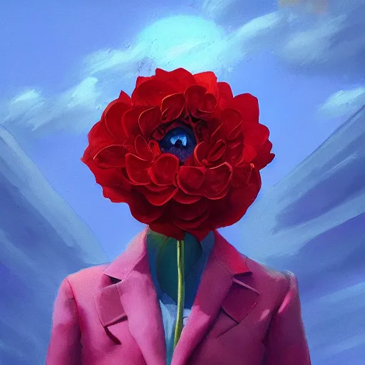 Prompt: closeup, giant rose flower head, portrait, a girl in a suit, surreal photography, sunrise, blue sky, dramatic light, impressionist painting, digital painting, artstation, simon stalenhag