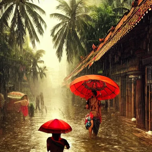 Prompt: monsoon on tropical island, chinese, ornate, beautiful, atmosphere, vibe, mist, coconuts, rain, wet, pristine, puddles, melting, dripping, snow, creek, lush, ice, bridge, forest, roses, flowers, by stanley artgerm lau, greg rutkowski, thomas kindkade, alphonse mucha, loish, norman rockwell