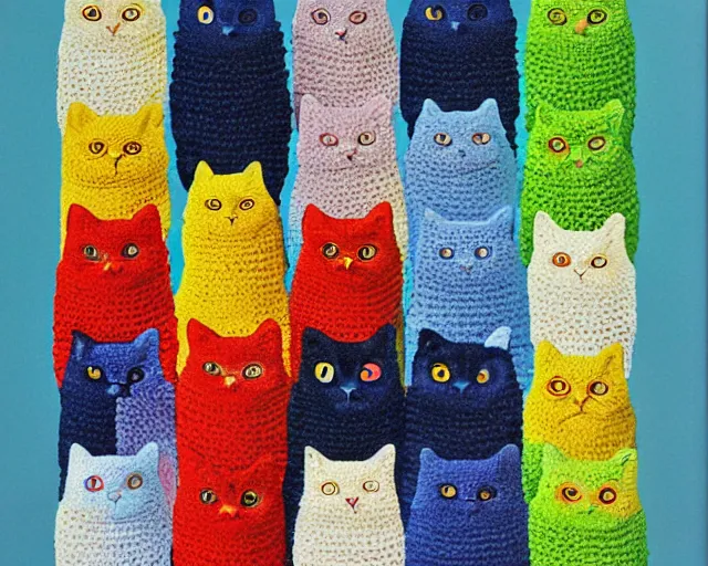 Image similar to cut and paste collage, multicolored crocheted cats by rene magritte