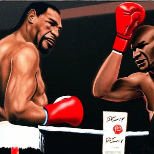 Image similar to Keanu Reeves knocking out Mike Tyson in boxing match, photorealism