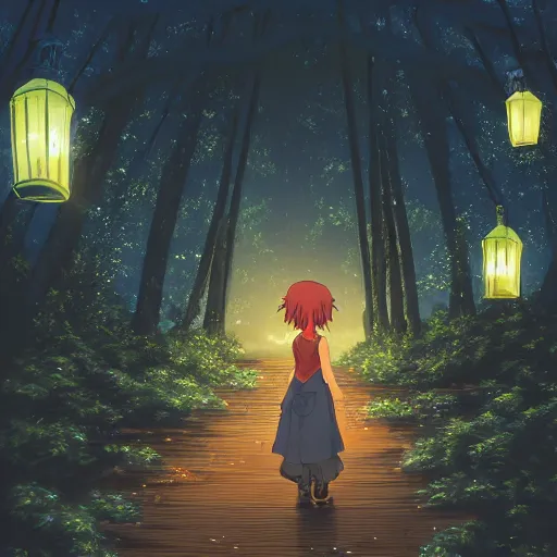 Prompt: anime, ultrawide, realist, zerochan, paper texture, intricate, very detailed, studio ghibli movie scene, woman in a dress, beautiful forest village, lanterns, wood bridge, witch's hut, night!!!!, fireflies!!, fog