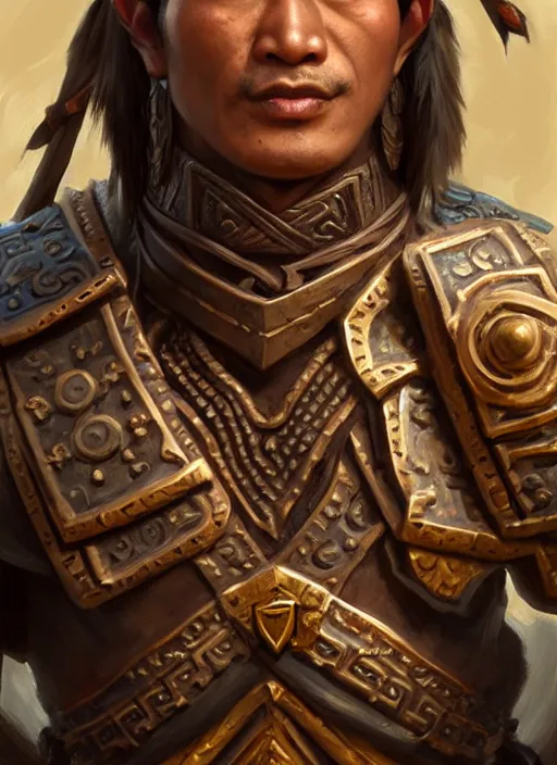 Image similar to smart tai warlord, closeup portrait, historical hero, ethnic group, sukhothai costume, bronze headset, intricate, with leather armor cross on bare chest, tai body tattoo, elegant, loin cloth, highly detailed, oil painting, artstation, concept art, matte, sharp focus, illustration, hearthstone, art by earl norem