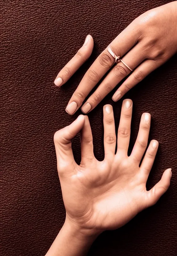 Prompt: an instagram photo of one ultra detailed woman's palm with 5 fingers lying on the table, instagram photo, studio photo