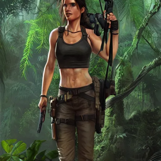 Image similar to lara croft in jungle, au naturel, hyper detailed, digital art, trending in artstation, cinematic lighting, studio quality, smooth render, unreal engine 5 rendered, octane rendered, art style by klimt and nixeu and ian sprigger and wlop and krenz cushart.