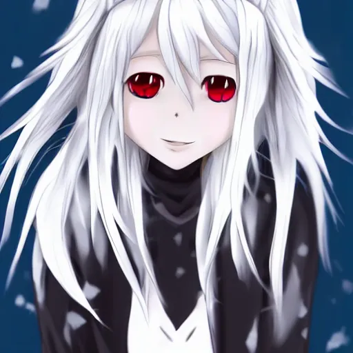 Image similar to white hair red eyes two small horn on the head anime style anime girl