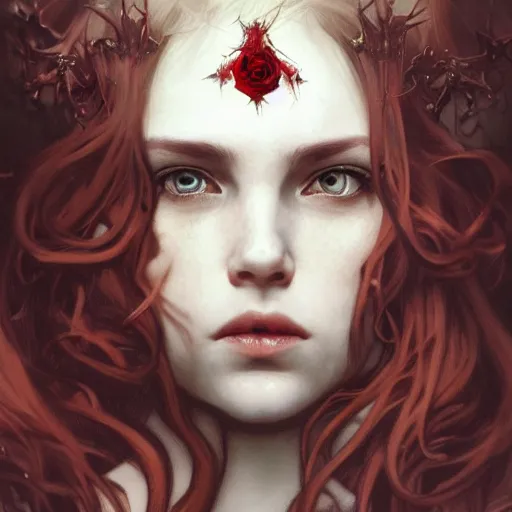 Prompt: portrait of beautiful vampire, rose thorn crown, thorns everywhere, headshot, pale skin, 4k, rule of thirds, extreme detail, detailed drawing, trending artstation, hd, fantasy, D&D, realistic lighting, by Alphonse Mucha, Greg Rutkowski, sharp focus, backlit, bright red hair