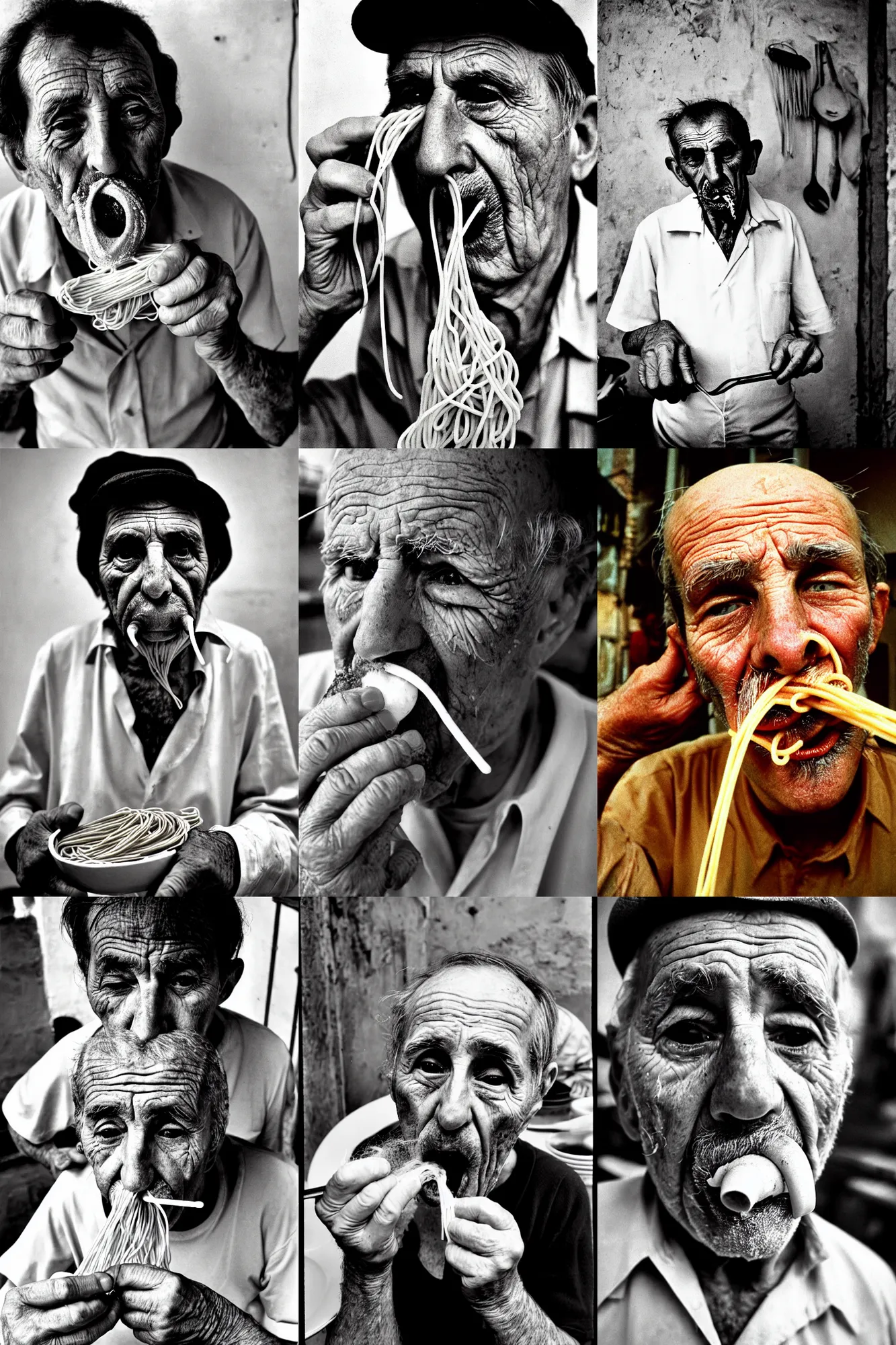 Prompt: extremely detailed portrait of old italian cook, lazy eyes, slurping spaghetti, spaghetti out of nose, spaghetti out of ears, spaghetti in mouth, dirty short sleeved shirt, full frame, award winning photo by letizia battaglia