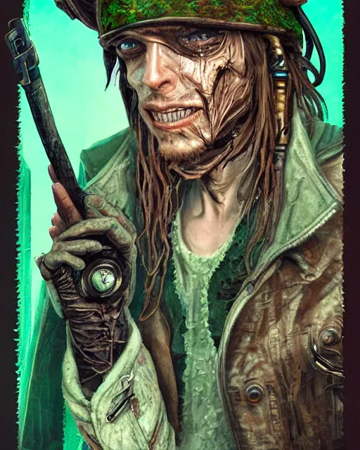 Prompt: an intimate portrait of a gnarly human cyberpunk pirate, old skin, faded hat, crooked teeth, green eyes, a look of menace, detailed matte fantasy painting
