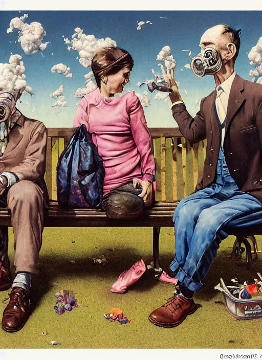 Prompt: realistic detailed image of a old dead couple with gas masks sitting on a park bench with clouds in the sky in the style of Francis Bacon, Surreal, Norman Rockwell and James Jean, Greg Hildebrandt, and Mark Brooks, triadic color scheme, By Greg Rutkowski, in the style of Francis Bacon and Syd Mead and Edward Hopper and Norman Rockwell and Beksinski, dark surrealism, open ceiling, highly detailed, painted by Francis Bacon, painted by James Gilleard, surrealism, by Nicola Samori, airbrush, Ilya Kuvshinov, WLOP, Stanley Artgerm, very coherent, art by Takato Yamamoto and James Jean