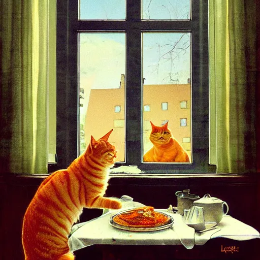 Prompt: fat orange tabby cat eating lasagna on a table, afternoon, norman rockwell, neighborhood outside window