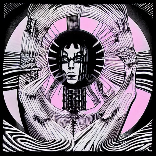 Image similar to post - punk new age album cover, psychedelic, black white pink, magic, giger h. r.