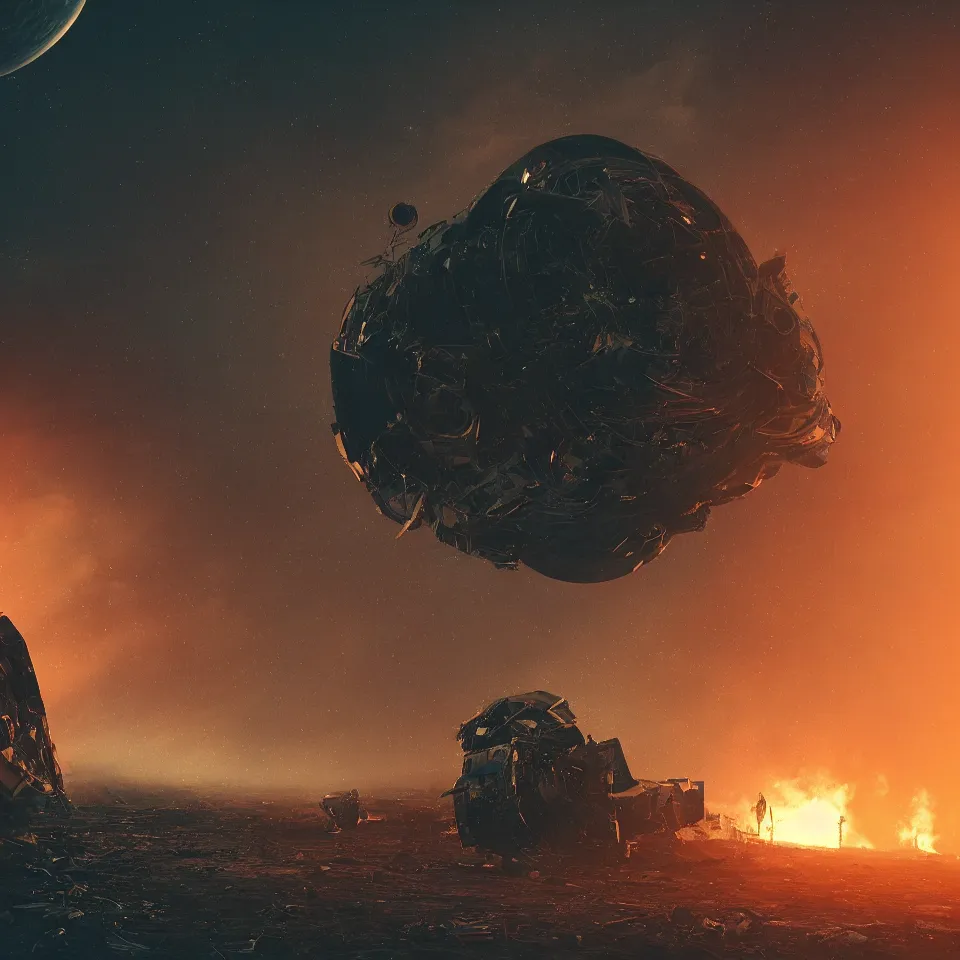 Image similar to beautiful dark landscape, astronaut standing looking, wrecked spacecraft destroyed on fire, award winning artstation, beeple and Mike Winkelmann, intricate, epic lighting, cinematic composition, hyper realistic, 8k resolution